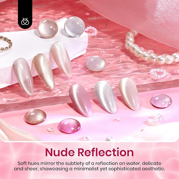 Beetles Cat Eye Gel Nail Polish Set - Nude Reflection Wedding Cat Eye Gel Polish Set, 6 Colors Silver Nude Pink Brown Neutral Mirror Shine Finish with Magnet Soak Off UV Manicure Salon Gift for Women