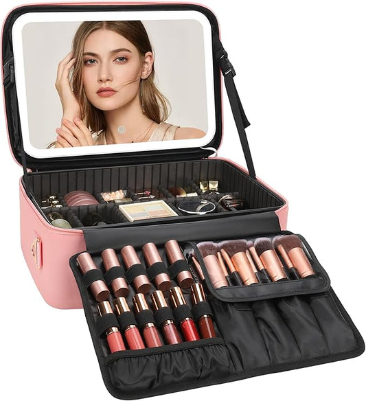 Relavel Makeup Bag with LED Mirror, 15 inches Large Makeup Case with Lighted Up Mirror Travel Cosmetic Train Case Organizer Vanity Case for Makeup Artists, 3 Color Lights & Adjustable Dividers (Pink)