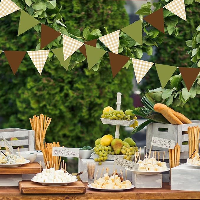 33 Ft Forest Party Hanging Banner Decoration Green Pennant Plaid Triangle Flag Fabric Bunting Garland for Birthday Wedding Baby Shower Party Supplies
