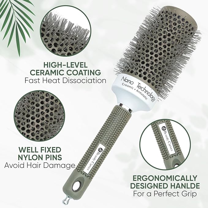 Round Brush,53 mm/2.1Inch Barrel with 2 Clips Round Brush for Blow out with Flexible Nylon 66 Bristles Nano Ionic Heat Resistant Tech for Professional Curling, Styling & Shining Texture
