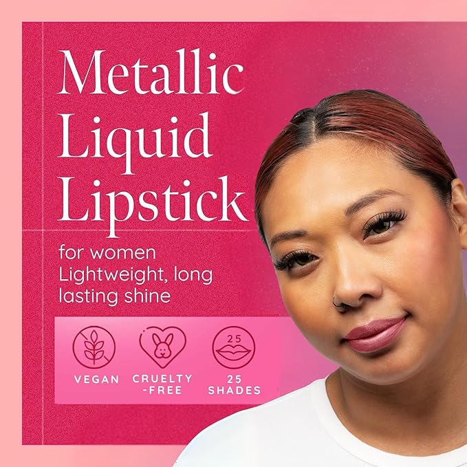 Aromi Metallic Liquid Lipstick | Rosy Chestnut Lip Color with Shimmery Finish, Vegan, Pink Nude Shade, Long-lasting, Waterproof (Alpine Bloom)