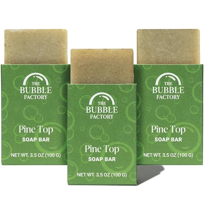 The Bubble Factory Handmade Natural Bath & Body Soap Bar, Vegan, All-Natural, Palm Oil Free, Made in USA with Shea Butter + Essential Oils, Pine Top, 3 Bars