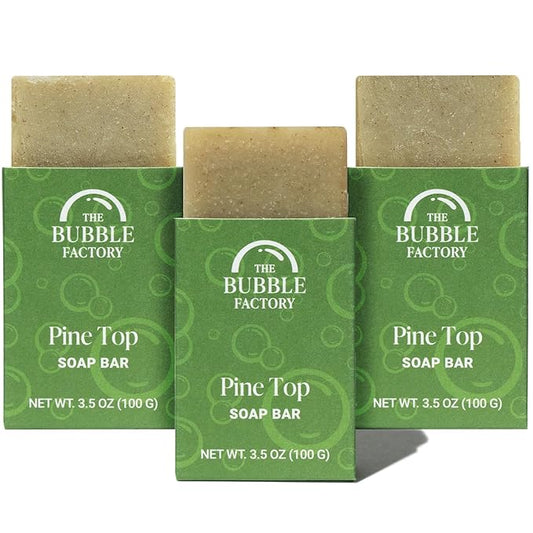 The Bubble Factory Handmade Natural Bath & Body Soap Bar, Vegan, All-Natural, Palm Oil Free, Made in USA with Shea Butter + Essential Oils, Pine Top, 3 Bars