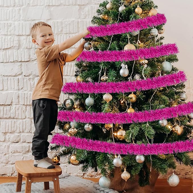 25 Feet Christmas Foil Fringe Banner Metallic Tassle Garland Metallic Backdrop Parade Floats Shiny Hanging Ceiling, Valentine's, Wedding, New Year Party Decorations(4" x 25', Rose Red)