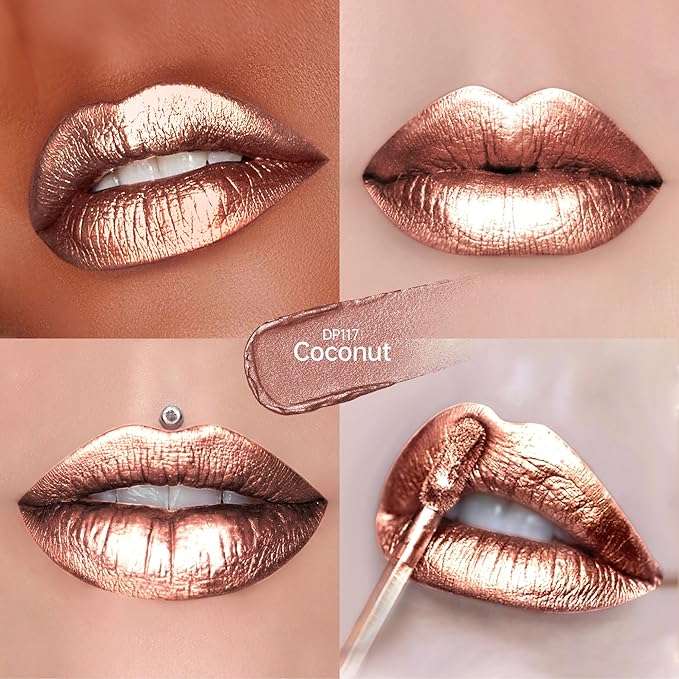 Nude Lipsticks for Women Metallic Lipstick Long Lasting Non Stick Cup Lip Gloss, Shimmer Lightweight Hydrating Full Coverage Lip Color, DP117 Coconut