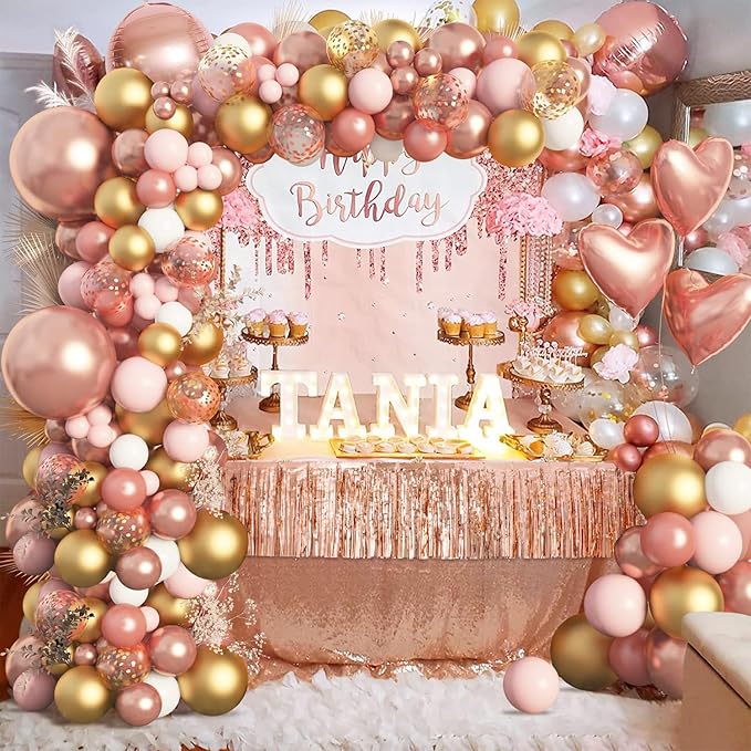 4Packs 12ft Rose Gold Tinsel Party Banner Garlands Disposable Table Skirts Wall Hanging Streamers Curtains Backdrop Party Decorations Photo Booth Props for Parade Floats Birthday Celebration