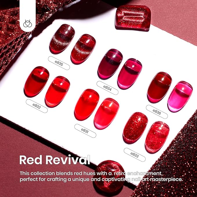 Beetles Red Gel Nail Polish Set, 6 Colors Cat Eye Glitter Burgundy Bright Jelly Nail Polish Set with Magnet, Soak Off LED Lamp DIY Salon at Home Manicure Gifts for Women Red Revival