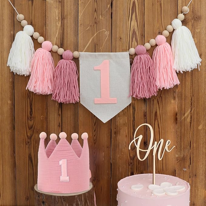 Pink Baby Girl 1st High Chair Banner Wood Bead Tassel Garland Crown Hat Wooden Cake Topper Birthday Party Decorations