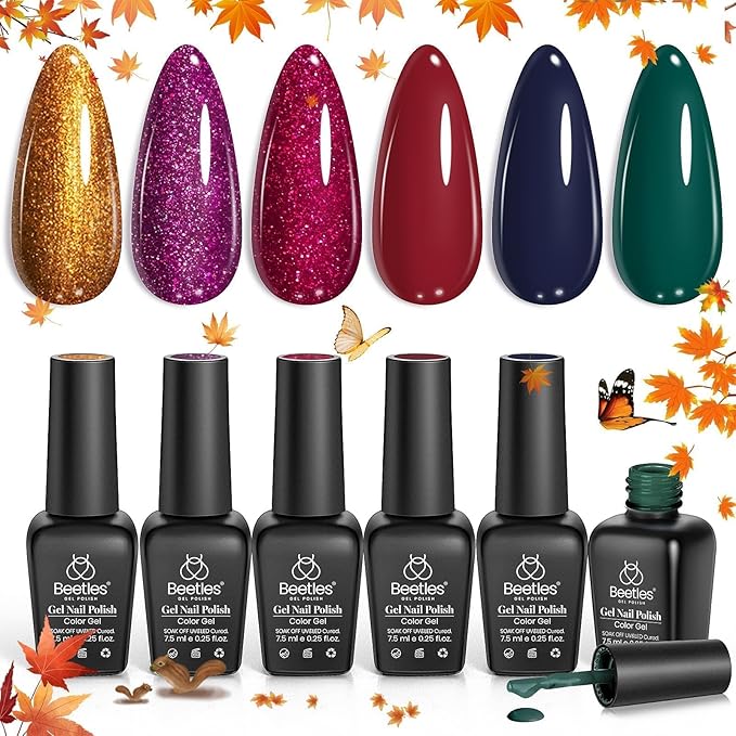 Beetles Fall Gel Nail Polish Kit, 6 Colors Gold Green Burgundy Red Glitter Gel Polish Soak Off Uv Nail Lamp Cured Holiday Nail Gel DIY Home Manicure Kit Gifts for Women Girls