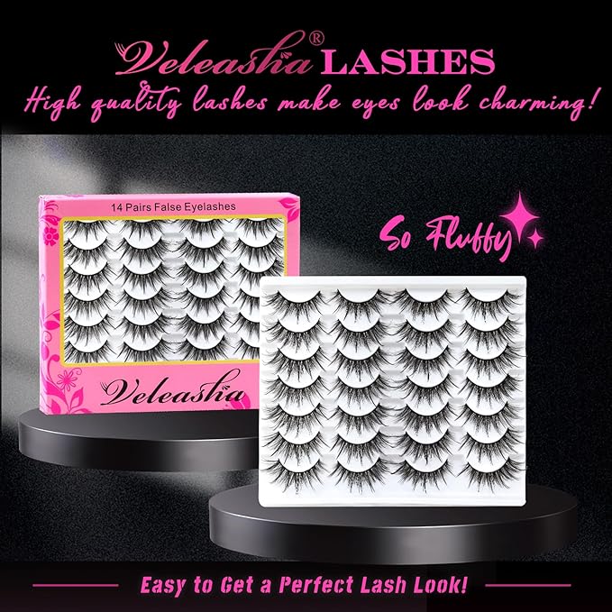 Veleasha Manga Lashes Spiky Eyelashes Fluffy Wispy & Long Lash Cat Eye Eyelash Anime False Eyelash 8D Effect Strip Lashes lash Extension Look Volume Fake Eyelashes 14 Pairs Pack (Angel)