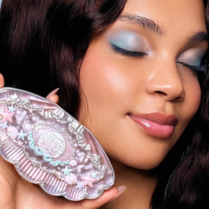 Flower Knows Shell's Jewel 6-Color Makeup Palette,Eyeshadow,Blush,Highlighting & Contour All-in-One Face Makeup Palette with 4 Matte+2 Shimmer Pink & Blue Shades(S02 Mermaids Tears,0.23 Oz)