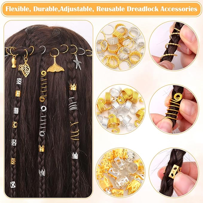 292Pcs Hair Jewelry for Braids, Gold And Silver Dreadlock Jewelry Accessories, Loc Decoration for Hair Dreadlock with Ring Cuffs Charm Decorations for Men and Women
