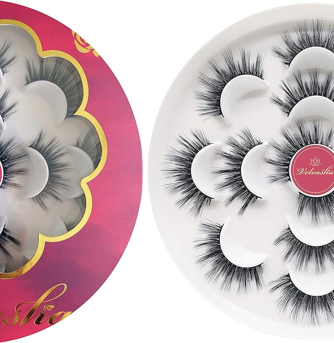 Veleasha Lashes 5D Faux Mink Lashes False Eyelashes Handmade Strip Lashes Wispy Fluffy Fake Lashes Spiky Eyelashes 7 Pairs Luxurious Volume Fake Eyelashes Pack (5D14)