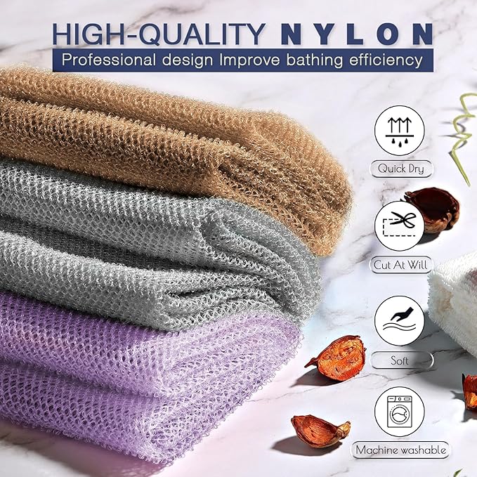 UJFQBH 3 Pieces African exfoliating net African Net Long Net Bath Sponge Exfoliating Shower Body Scrubber Back Scrubber Skin Smoother,Great for Daily Use (Purple、Gray、Brown)