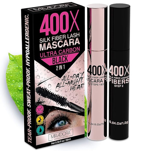 400X Pure Silk Fiber Lash Mascara [Ultra Black Volume and Length], Longer & Thicker Eyelashes. Waterproof, Long Lasting, Instant & Very Easy to Apply, Smudge-proof, Hypoallergenic
