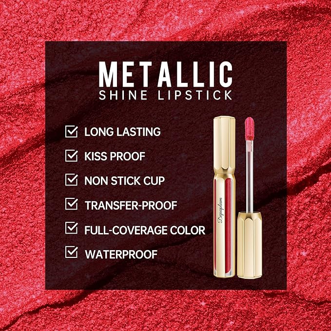 Red Lipsticks for Women Metallic Lipstick Long Lasting Non Stick Cup Lip Gloss, Metal Shine Lightweight Hydrating Full Coverage Lip Color, DP105 Red Riot