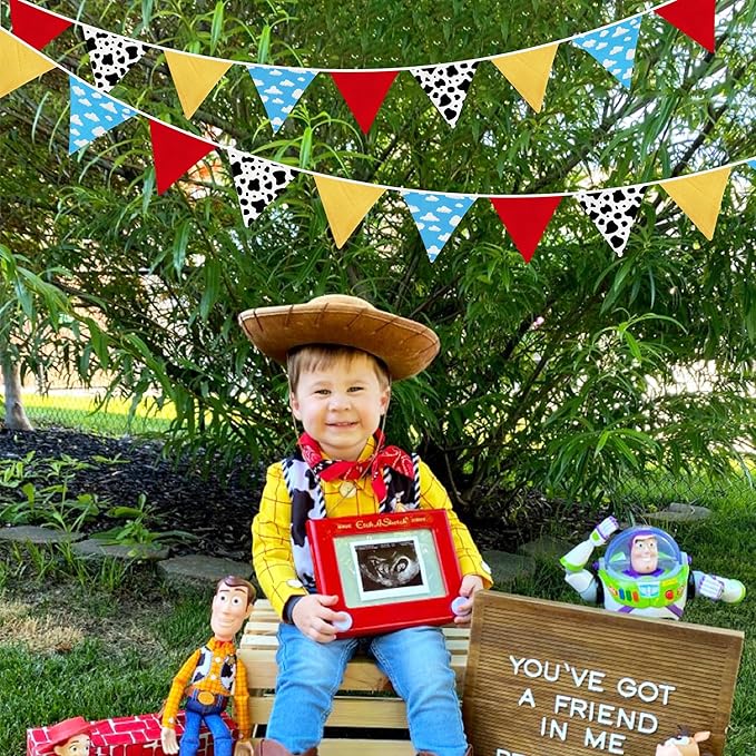 2 Sets of Cartoon Story Party Decorations Nursery Garland 24Pcs Red Blue Yellow Toy Themed Story Fabric Banner Cloud and Cow Print Triangle Pennant Flag Streamers for Kids Birthday Baby Shower Decor