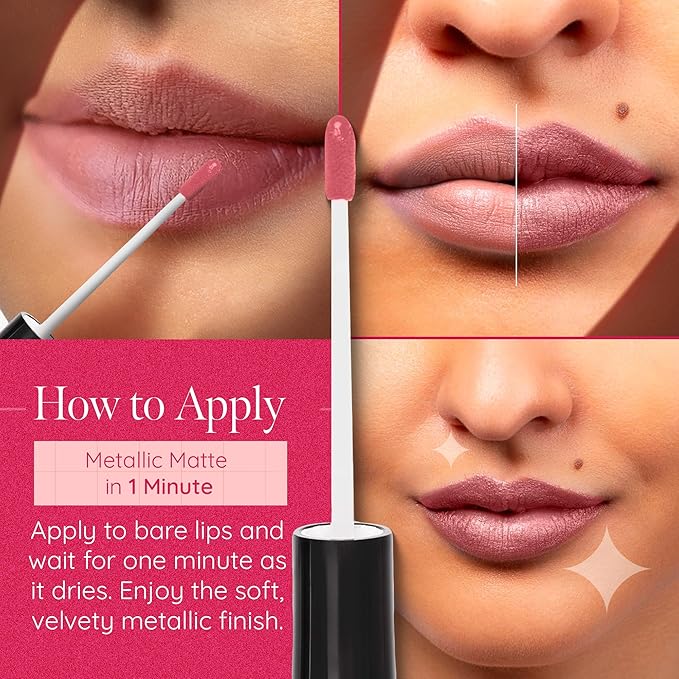 Aromi Dusty Rose Metallic Liquid Lipstick, Rosy Pink Nude Lip Color, Shimmery Finish, Waterproof, Long Lasting, Vegan, Cruelty-Free, Handmade (Pixie Dust)