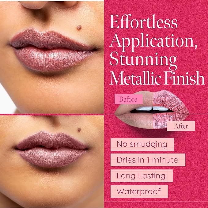 Aromi Dusty Rose Metallic Liquid Lipstick, Rosy Pink Lip Color for Women, Shimmery Finish, Long Lasting, Waterproof, Vegan (Pixie Dust)