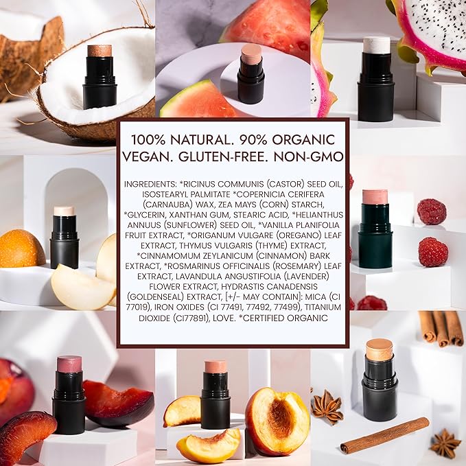 BaeBlu - Organic Blush Tube, Chardonnay - 100% Natural Vegan Cream Blush Sticks, Multi-Use Bronzer, & Highlighter for Lips, Cheeks & Eyes, Buildable Shimmer, Gluten-Free, Paraben-Free, Made in USA