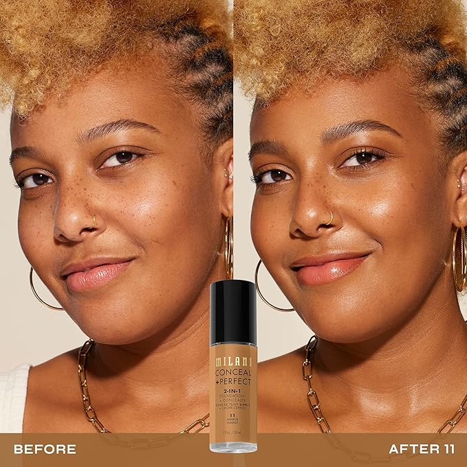 Milani Conceal + Perfect 2-in-1 Foundation + Concealer for a Flawless Complexion, Under Eye Corrector, Cover Redness and Imperfections, Waterproof and Sweatproof - Amber