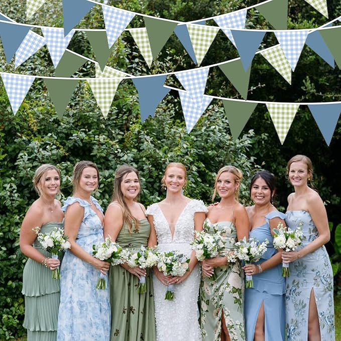 32Ft Blue Green Party Decorations Dusty Blue Sage Green Gingham Fabric Triangle Banner Flag Plaid Pennant Garland Streamers for Hole in One Birthday Baby Shower Masters Golf Graduation Decor Supplies