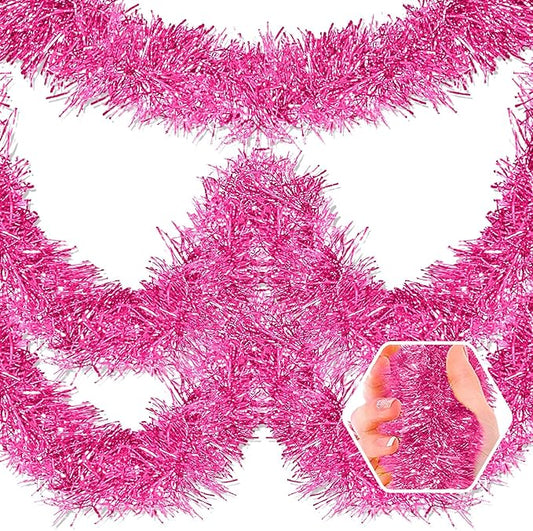 25 Feet Christmas Foil Fringe Banner Metallic Tassle Garland Metallic Backdrop Parade Floats Shiny Hanging Ceiling, Valentine's, Wedding, New Year Party Decorations(4" x 25', Pink)