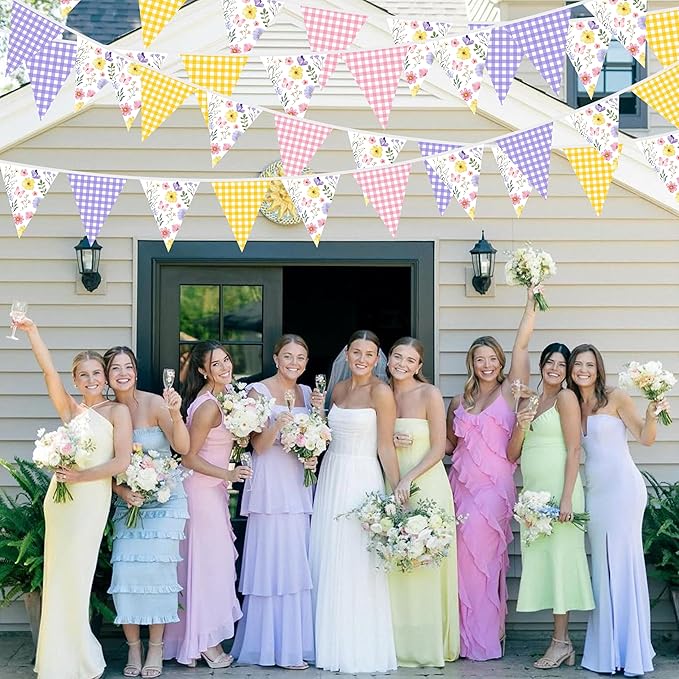 32Ft Wildflower Party Decorations Pink Purple Yellow Gingham Plaid Flowers Pennant Floral Banner Fabric Triangle Flag Garland Streamers for Easter Spring Summer Birthday Baby Shower Picnic Party Decor