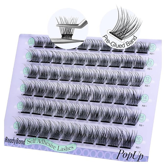 PopUp Self Adhesive Eyelashes Clusters, Press On Lashes Pre Glued Eyelash Extension Kit with Lash Tweezer,10-16mm No Glue No Remover Needed Self Adhesive Lashes Clusters AC01