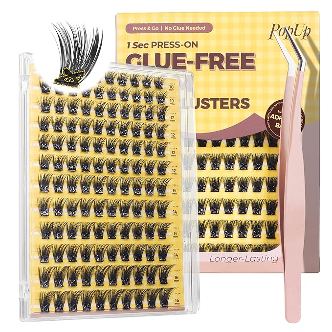 PopUp Self Adhesive Eyelashes Clusters, Press On Lashes Pre Glued Eyelash Extension Kit with Lash Tweezer,10-16mm No Glue No Remover Needed Self Adhesive Lashes Clusters NM03-D