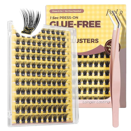 PopUp Self Adhesive Eyelashes Clusters, Press On Lashes Pre Glued Eyelash Extension Kit with Lash Tweezer,10-16mm No Glue No Remover Needed Self Adhesive Lashes Clusters NM03-D
