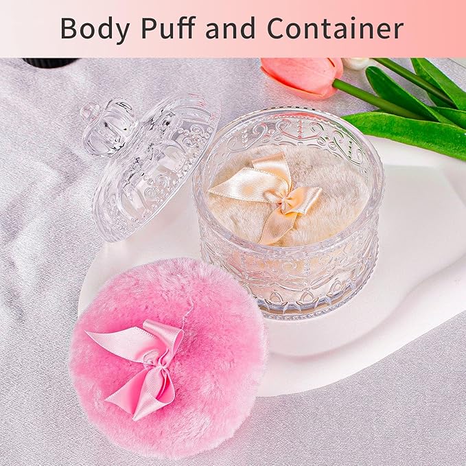 Large Body Powder Puffs and Containers, Crystal Clear Powder Container with Soft Power Puffs, Reusable Dusting Powder Case with Washable Velvet Face Body Glitter Puffs Wet and Dry Makeup