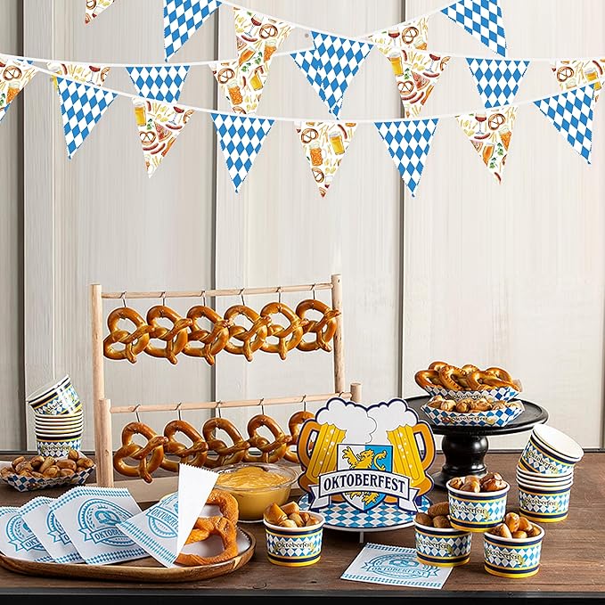32Ft Oktoberfest Party Decorations Blue Plaid Triangle Flag Fabric Banner Pennant Garland Streamer for Oktoberfest Birthday German Baby Shower Bavarian Party Decor Supplies