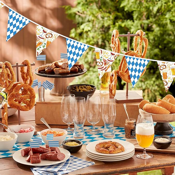 32Ft Oktoberfest Party Decorations Blue Plaid Triangle Flag Fabric Banner Pennant Garland Streamer for Oktoberfest Birthday German Baby Shower Bavarian Party Decor Supplies