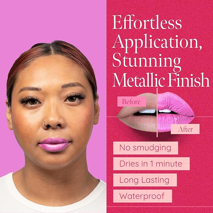 Aromi Light Pink Metallic Liquid Lipstick | Baby Pink Lip Color for Women with Shimmery Finish, Long Lasting, Waterproof, Vegan (Pink Frosting)