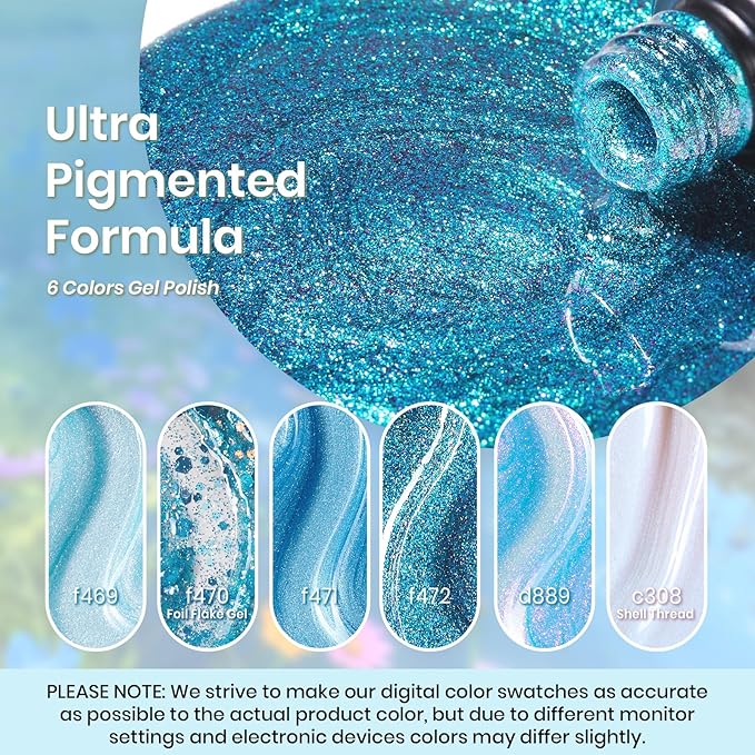 Beetles Blue Gel Nail Polish Set, 6 Colors Shimmer Glitter Jelly Gel Polish Chameleon Pearl White Swirl Shell Thread Effect Winter Nails Ice Blue Collection Soak Off UV Gift for Women