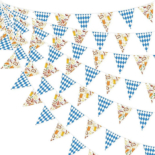 32Ft Oktoberfest Party Decorations Blue Plaid Triangle Flag Fabric Banner Pennant Garland Streamer for Oktoberfest Birthday German Baby Shower Bavarian Party Decor Supplies