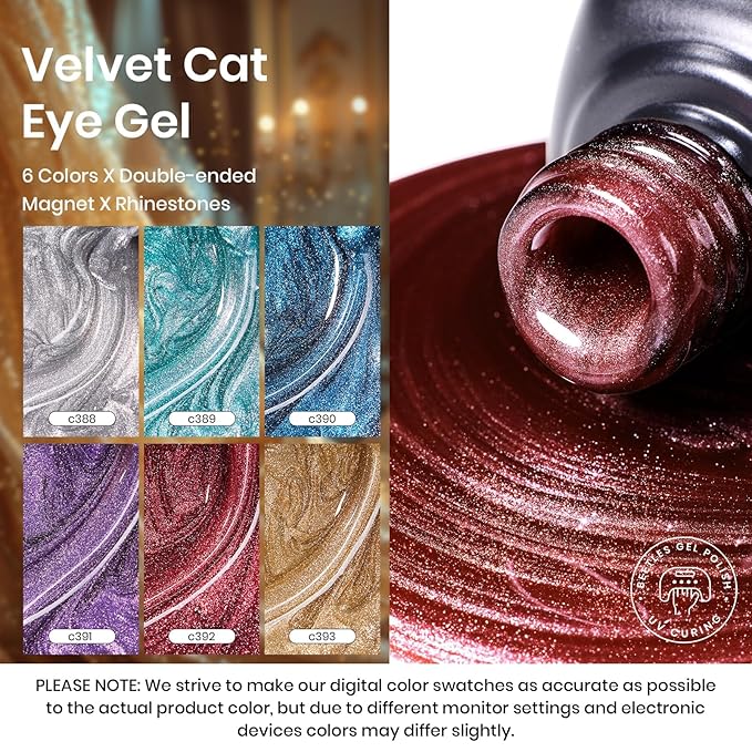 Beetles Cat Eye Gel Nail Polish Set - 6 Colors Glitter Burgundy Red Silver Blue Purple Green Gold Magnetic Cat Eye Gel Polish Holographic Effect Velvet Nail Art Salon DIY Home Gift for Women