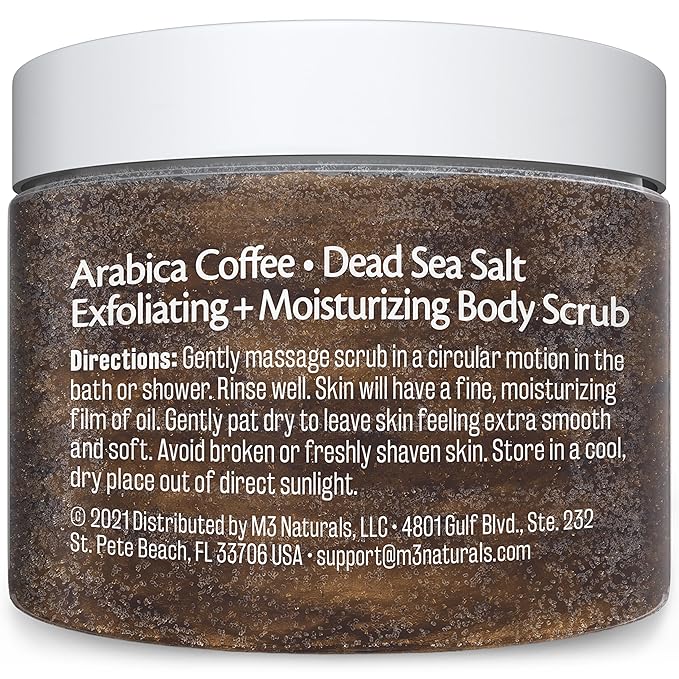 Arabica Coffee Scrub for Hands, Feet, and Body, Exfoliating Scrub with Collagen and Stem Cells, Face Cleanser for Cellulite, Fine Lines, and Stretch Marks, 12oz (1 Pack) by M3 Naturals