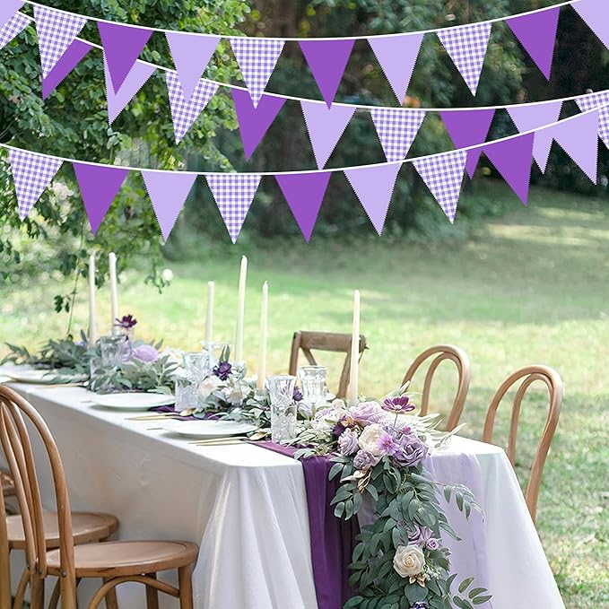 32Ft Purple Party Decorations Purple Gingham Triangle Flag Plaid Checkered Pennant Banner Fabric Garland Streamers for Lavender Mermaid Birthday Baby Shower Picnic BBQ Outdoor Tea Party Decor Supplies