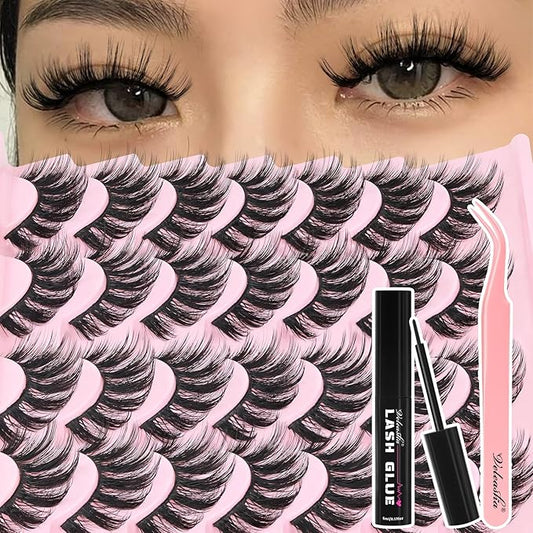 Veleasha Lashes Faux Mink Lashes Fluffy 3D Effect Eyelashes With Waterproof Black Lash Glue Wispy False Eyelashes Kit Long Lasting Lash Bond 14 Pairs Pack (3D07)