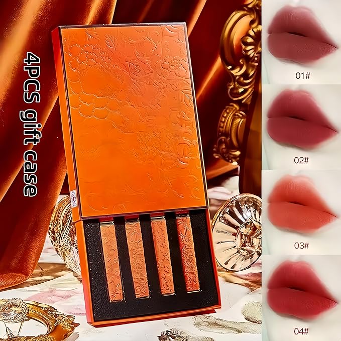 2026 new Velvet Mist Play Lip Makeup, Luxury Gold Orange Lipstick, Velvet Matte Finish, 4 Trendy Colors Available, Lightweight Long-Lasting Formula (4PCS gift case)