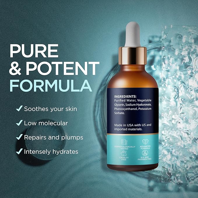 Hyaluronic Acid Serum for Face (2 Oz) for Skin and Lips - Hydrating & Moisturizing Serum for All Skin Types, Paraben-Free & Fragrance-Free
