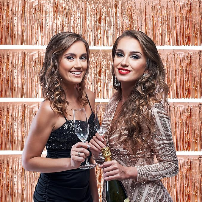 4Packs 12ft Rose Gold Tinsel Party Banner Garlands Disposable Table Skirts Wall Hanging Streamers Curtains Backdrop Party Decorations Photo Booth Props for Parade Floats Birthday Celebration