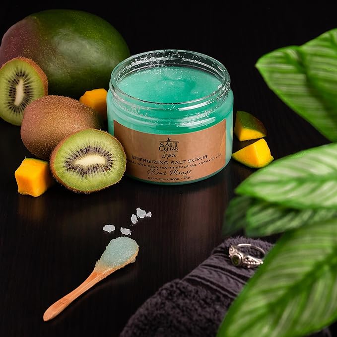 Salt Cellar Spa Skin Reviving Kiwi Mango Salt Scrub - Energize Your Skin with Dead Sea Minerals - Revive, Refresh, and Rejuvenate - Made in Israel, Cruelty-Free, 18 oz.
