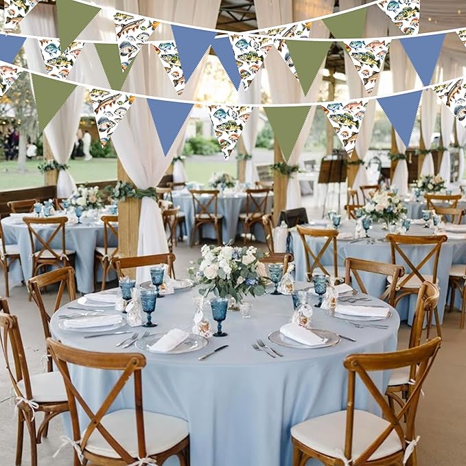 32Ft Gone Fishing Party Decorations Blue Green Fish Print Fabric Pennant Banner Triangle Flag Garland Streamer for Gone Fishing Birthday Little Fisherman Baby Shower Outdoor Fish Party Supplies