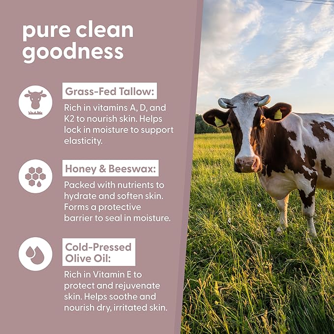 100% Grass Fed Beef Tallow for Skin, Body and Face | Moisturizing Honey Balm Scented with Cinnamon, Rosemary, Peppermint and Clove Bud Essential Oils | Suitable For Dry & Irritated Skin, 2 oz (57g)