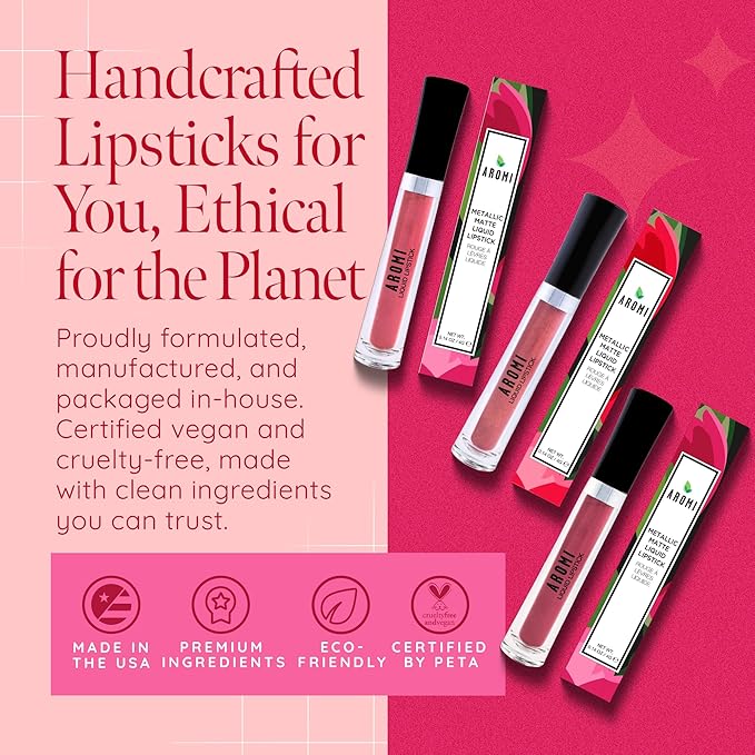 Aromi Metallic Liquid Lipstick | Long-lasting, Fuchsia, Pink Lip Color with Shimmery Finish, Waterproof, Vegan, Cruelty-free, Gluten Free (Moody Magenta)