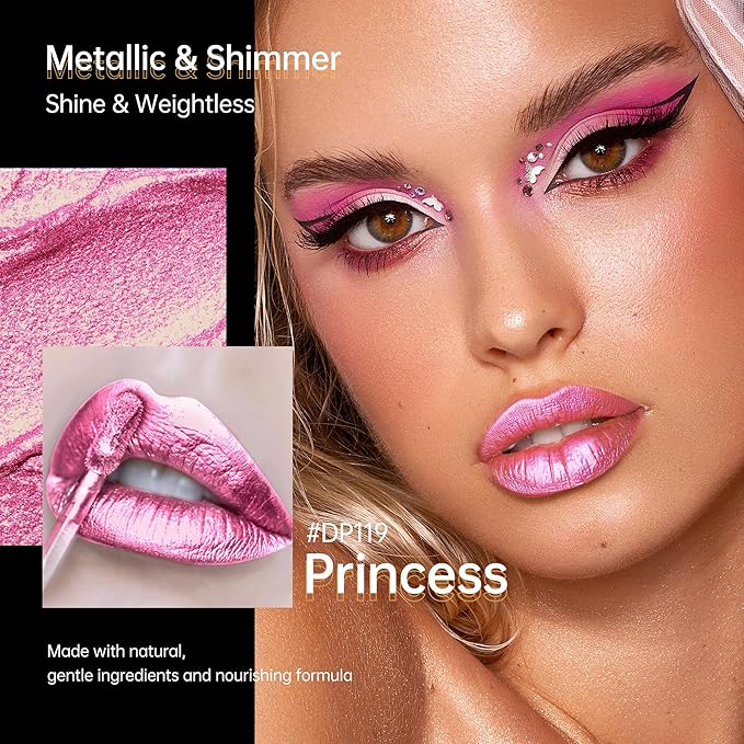 Pink Lipsticks for Women Metallic Lipstick Long Lasting Non Stick Cup Lip Gloss, Shimmer Lightweight Hydrating Full Coverage Lip Color, DP119 Princess