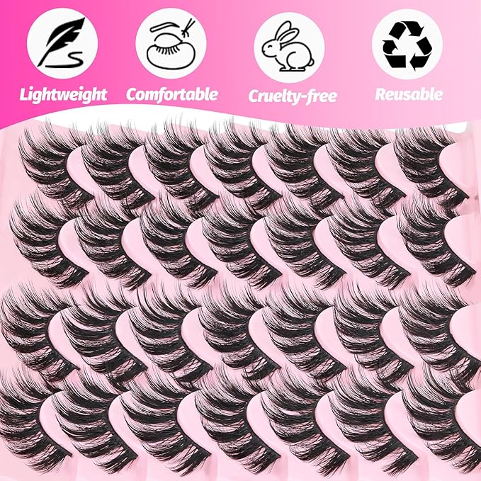 Veleasha Lashes Faux Mink Lashes Fluffy 3D Effect Eyelashes With Waterproof Black Lash Glue Wispy False Eyelashes Kit Long Lasting Lash Bond 14 Pairs Pack (3D07)